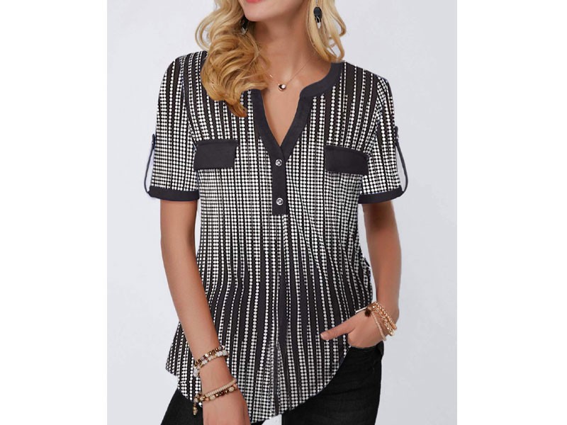 Women's Button Detail Split Neck Printed Blouse