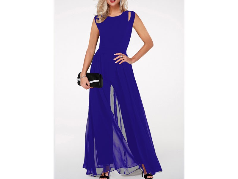 Round Neck High Waist Royal Blue Jumpsuit For Women