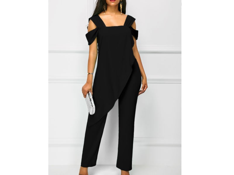 Open Back Overlay Wide Strap Black Jumpsuit For Women