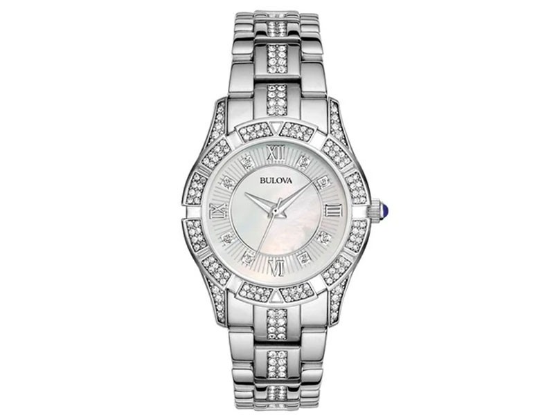 Ladies Bulova Crystal Sport Watch White Mother Of Pearl Stainless Steel