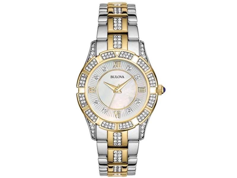 Bulova Ladies Crystal Two Tone Sport Watch White Mother Of Pearl Dial
