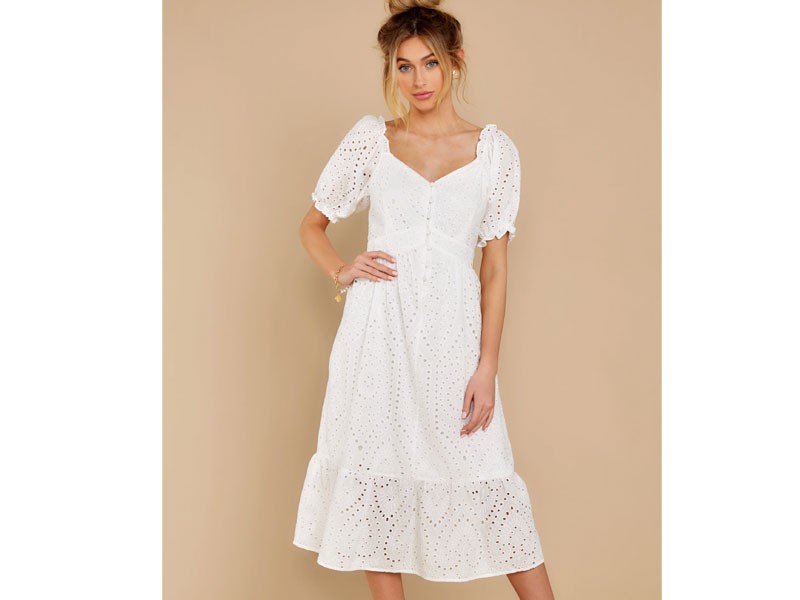 Women's Effortless Elegance White Eyelet Midi Dress