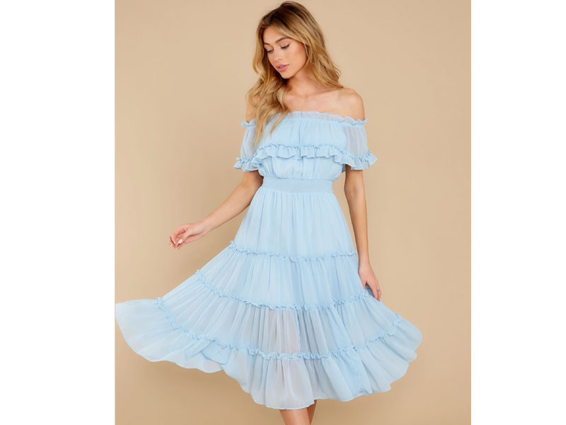 Light Blue Off The Shoulder Midi Dress For Women