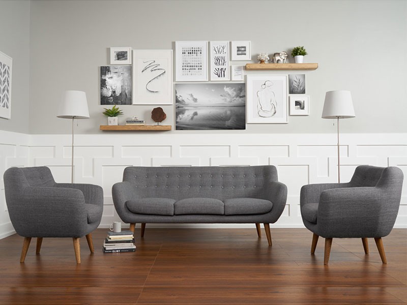 Rhodes Mid Century Modern 3 Piece Living Set Steel Grey