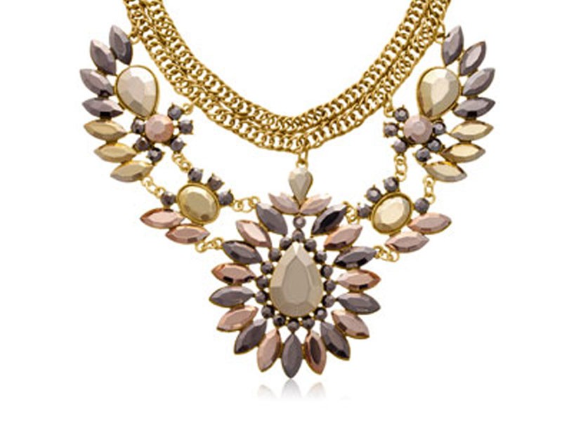 Metallic Crystal Choker Bib Necklace In Gold Overlay