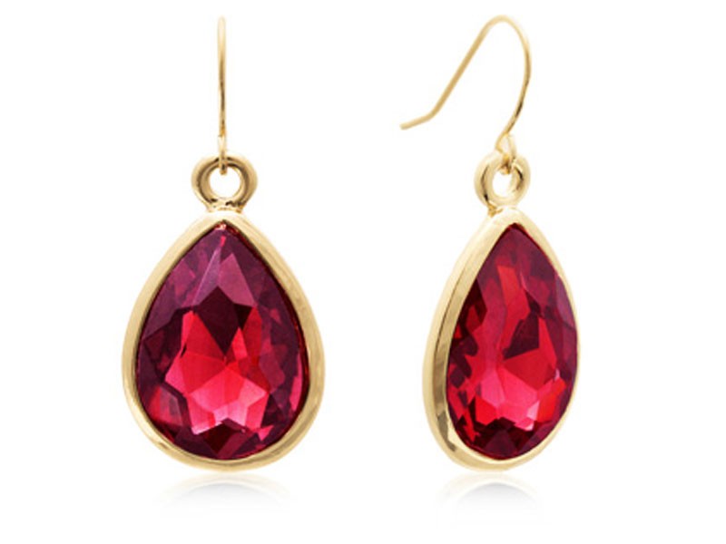 18 Carat Pear Shape Ruby Red Crystal Earrings Gold Overlay