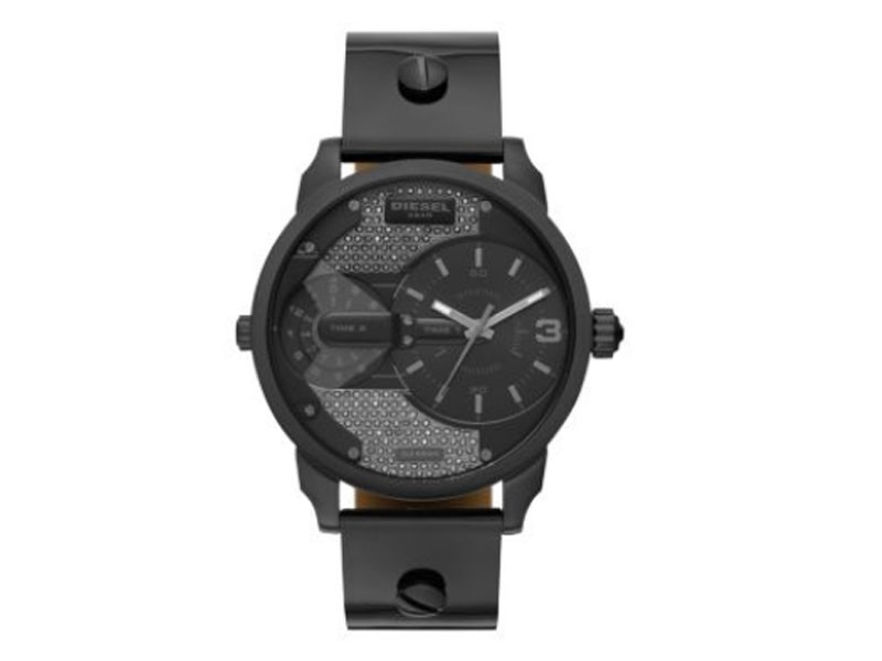 Diesel Men's Mini Daddy Two-Hand Gunmetal Leather Watch