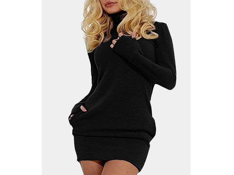 Black High Neck Long Sleeves Side Pockets Dress For Women