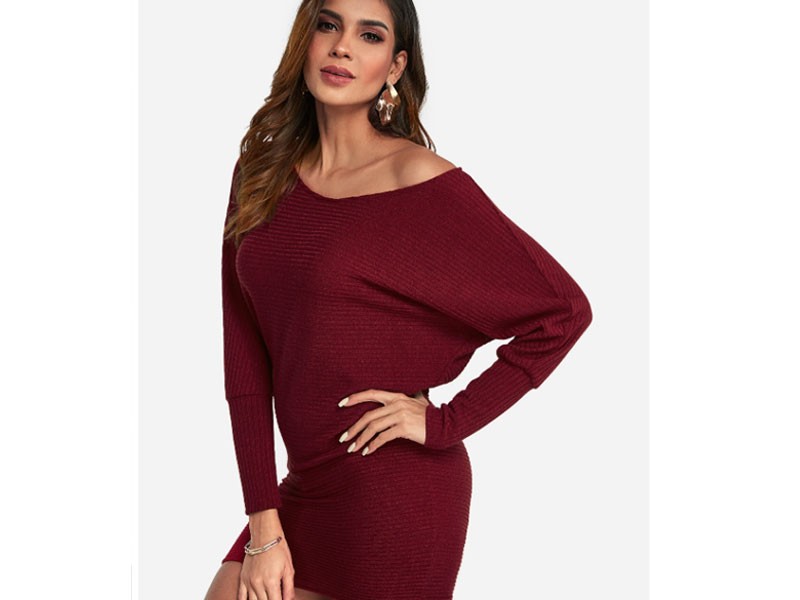 Women's Burgundy One Shoulder Bat Sleeves Knitted Dress