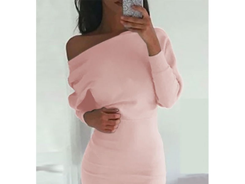 Women's One Shoulder Bat Long Sleeves Mini Dress in Pink