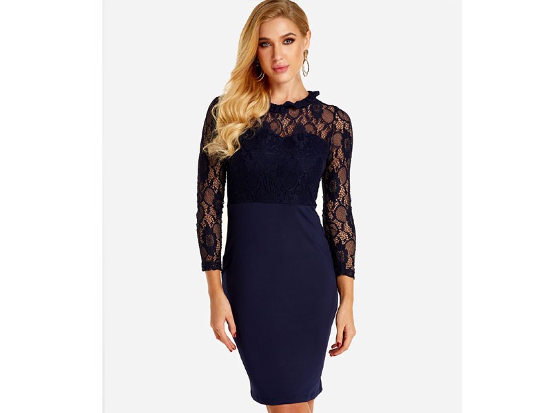 Women's Navy Lace Insert Crew Neck Long Sleeves Bodycon Dress