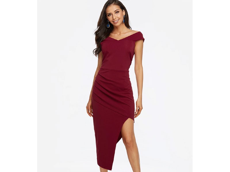Women's Burgundy Off Shoulder Asymmetrical Maxi Dress