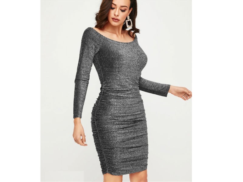 Women's Silver Metallic Ruched Scoop Neck Long Sleeves Dress
