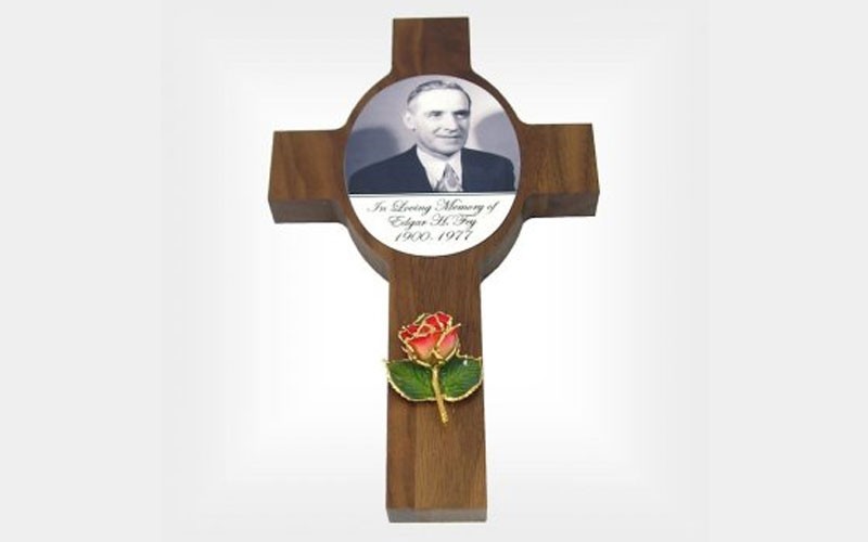 Walnut Memorial Photo Wall Cross with Mini Gold Rose