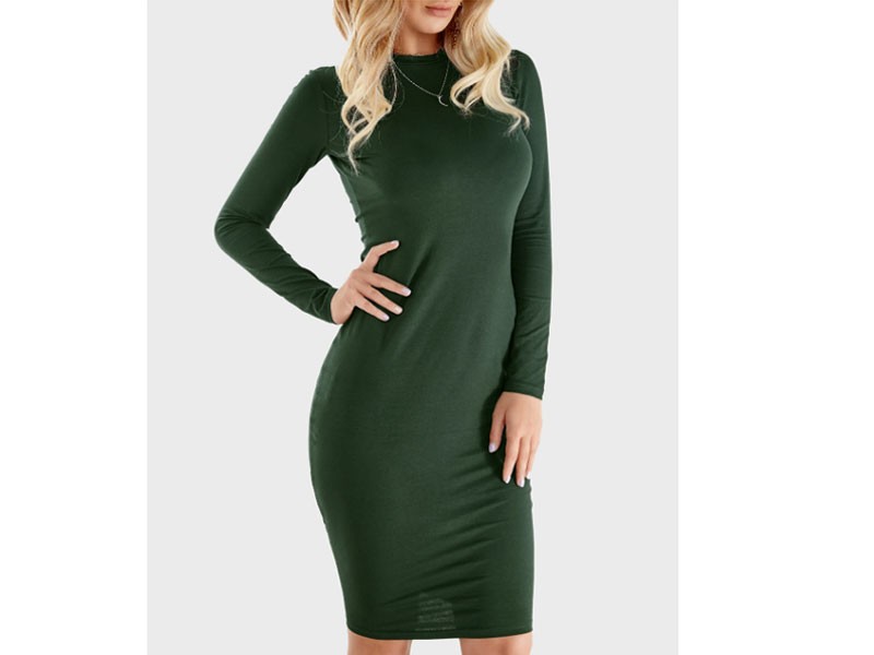 Blackish Green Round Neck Long Sleeve Midi Dress For Women