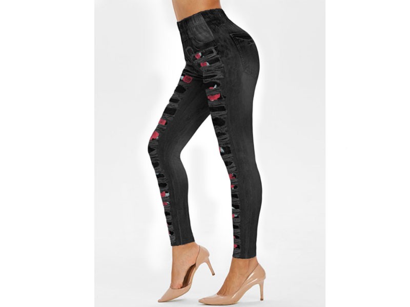 Women's High Rise 3D Floral Ripped Jean Print Jeggings