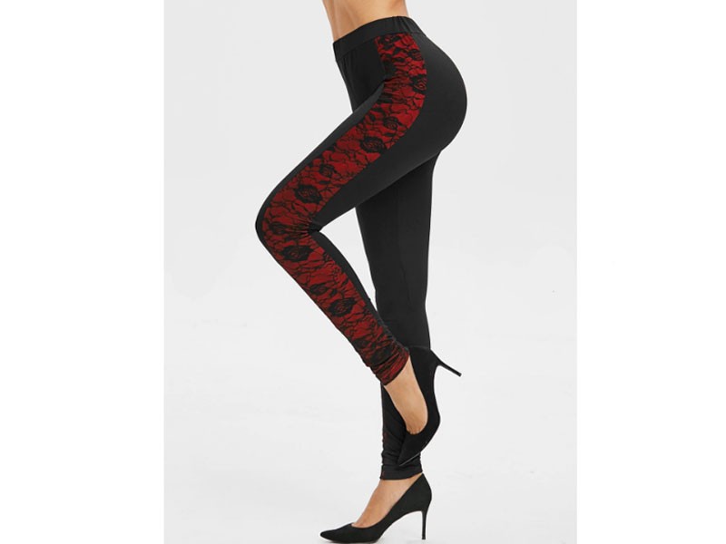 Side Lace Overlay Colorblock Leggings For Women