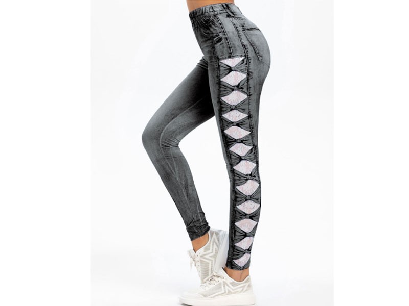 Women's High Rise 3D Lace Jeans Bowknot Print Faded Jeggings