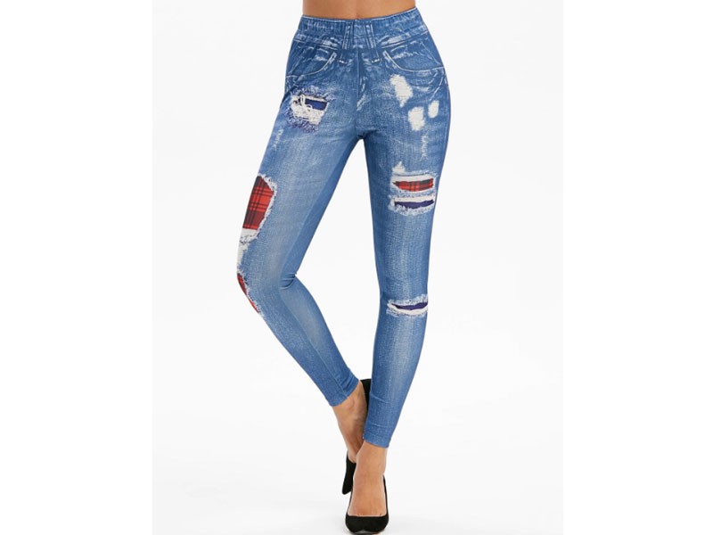 High Waist Jeans 3D Plaid Destroyed Print Jeggings For Women