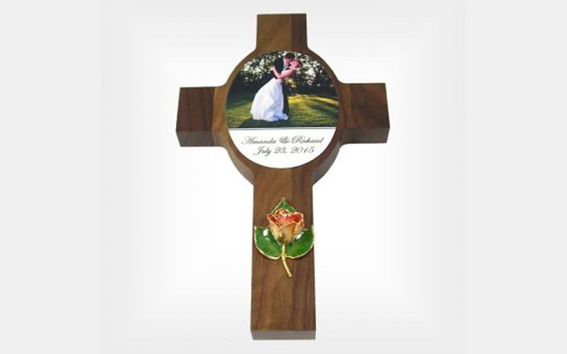 Walnut Anniversary Photo Wall Cross with Gold Rose