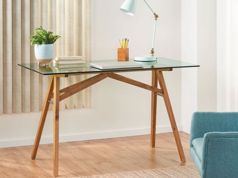 Camey Mid-Century Acacia Wood Desk with Tempered Glass Top