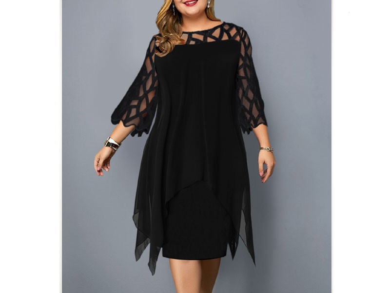 Round Neck Mesh Panel Plus Size Dress For Women