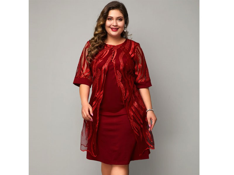 Lace Panel Plus Size Faux Two Piece Dress For Women