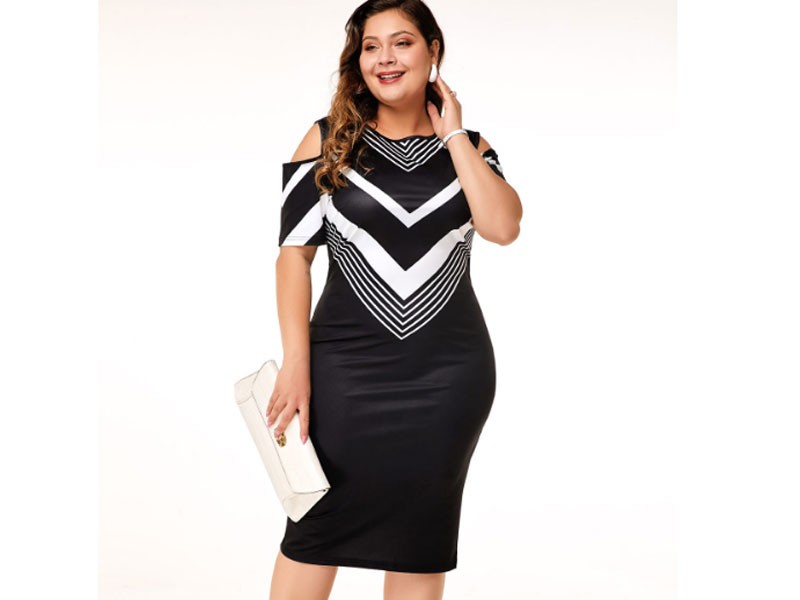 Chevron Print Cold Shoulder Plus Size Dress For Women