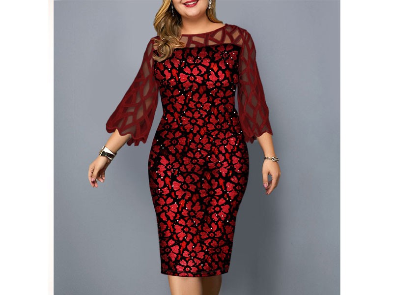 Mesh Panel Plus Size Three Quarter Sleeve Dress For Women