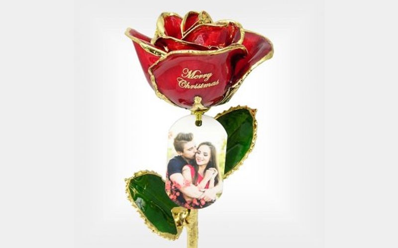 Personalized Christmas Photo Rose, Stand & Gift Box