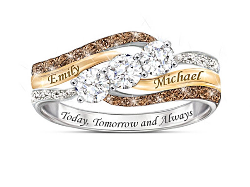 Romantic Women's Diamond & Topaz Ring With 2 Engraved Names