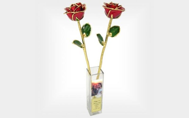 Share This Product! Two 18-Inch Gold Trimmed Roses in Vase with Custom Photo