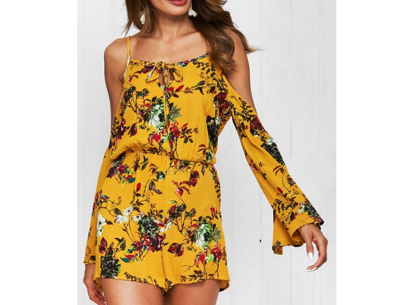 Women's Bell Sleeve Cold Shoulder Floral Print Romper