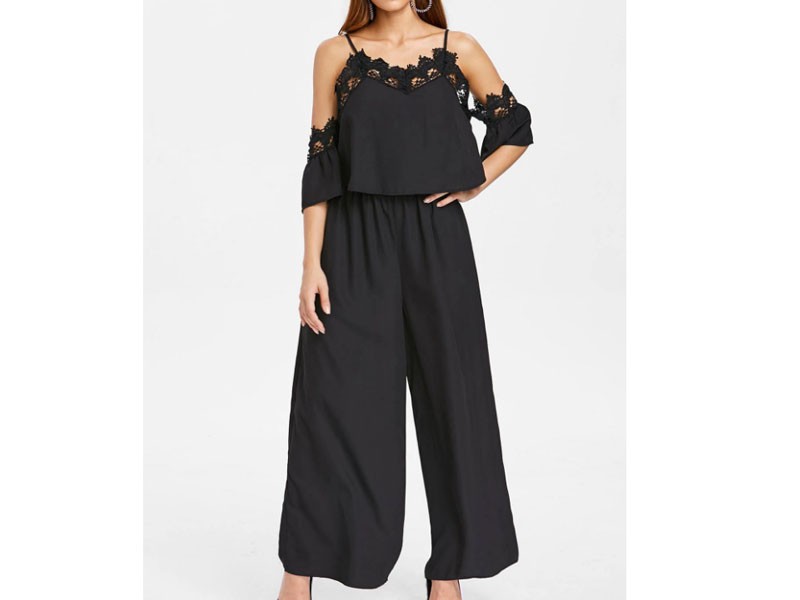 Women's Open Shoulder Lace Insert Palazzo Jumpsuit