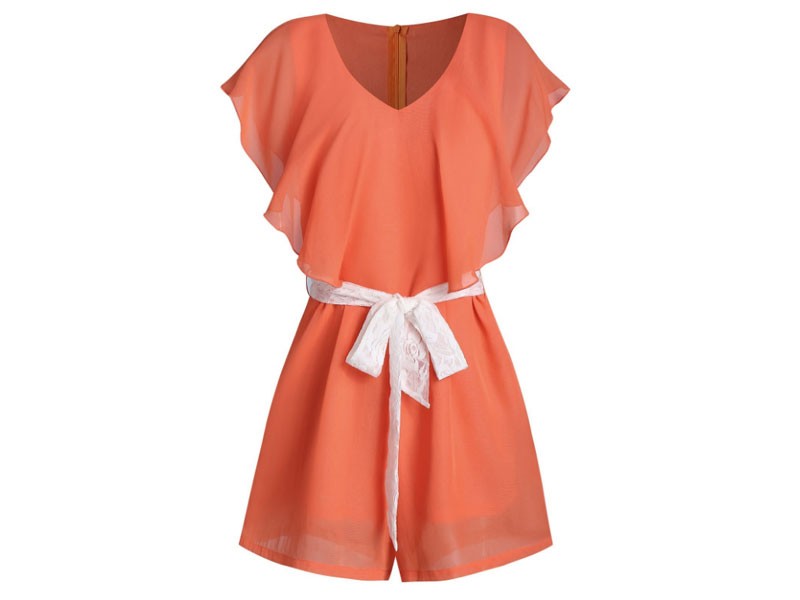 Ruffled V Neck Belted Romper For Women