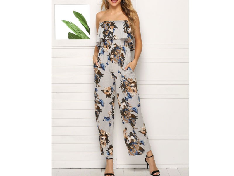 Strapless Floral Wide Leg Jumpsuit For Women