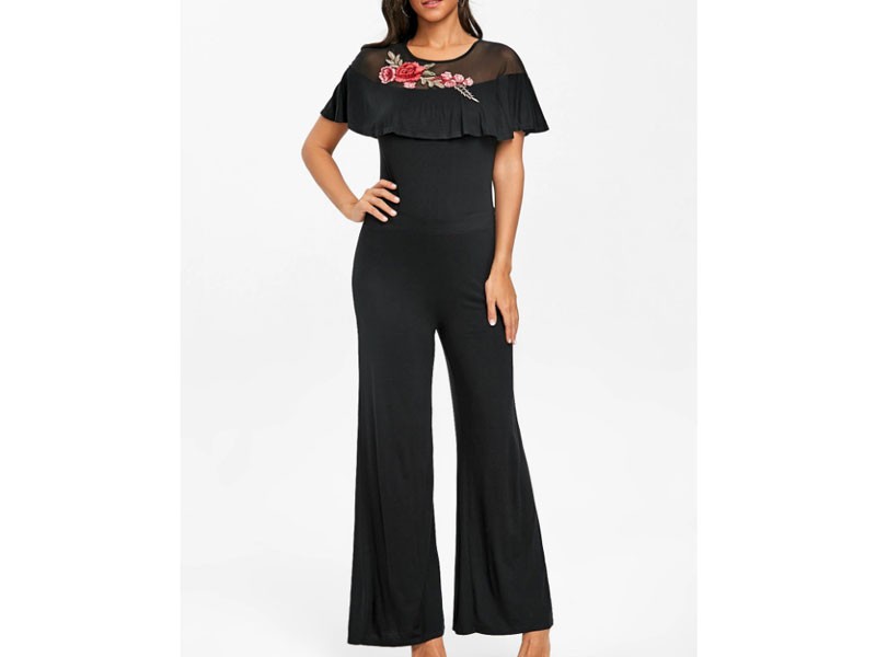 Embroidery Mesh Insert Palazzo Jumpsuit For Women
