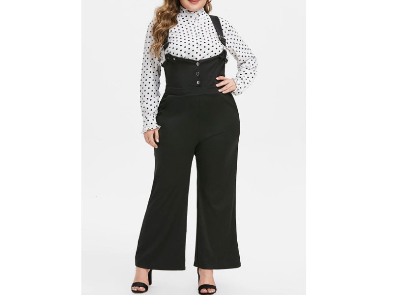 Plus Size Buckle Suspender Wide Leg Jumpsuit For Women