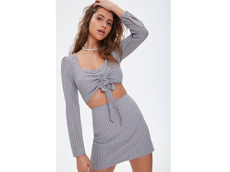 Women's  Ruched Plaid Crop Top