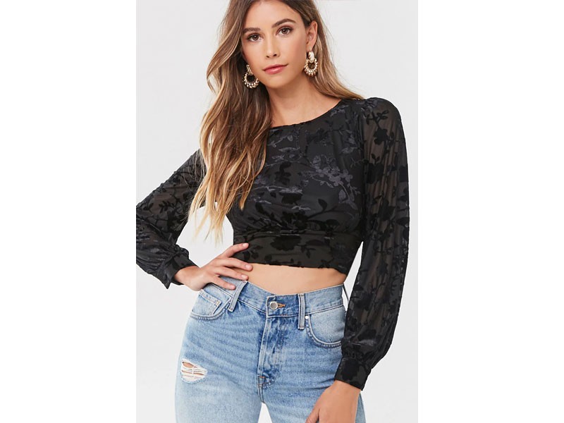 Women's Floral Burnout Velvet Crop Top