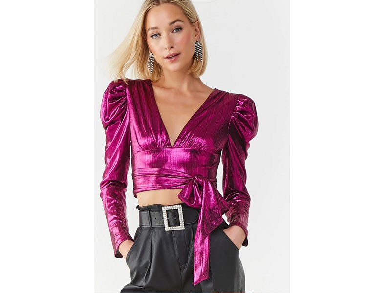 Women's Self-Tie Metallic Crop Top