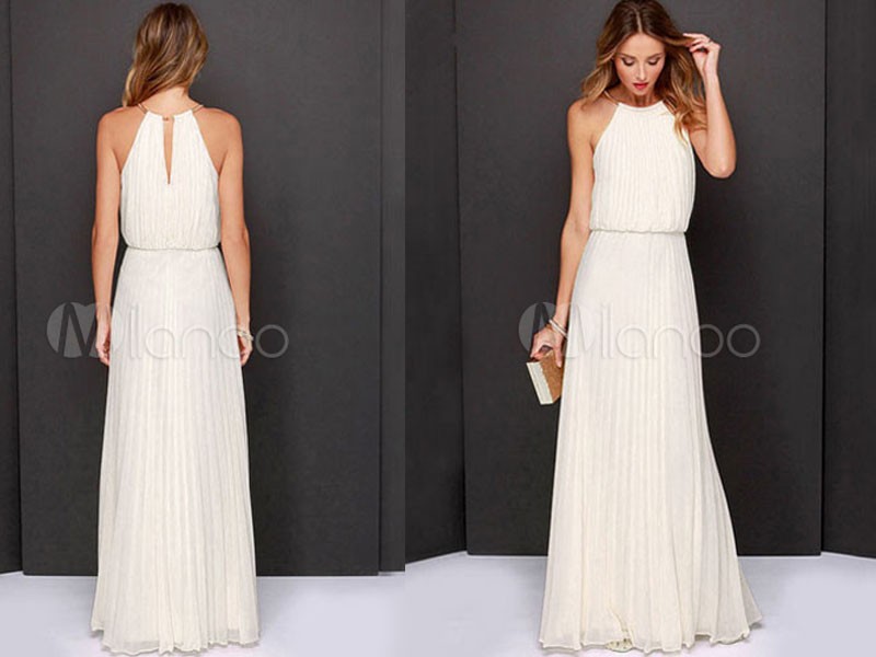 Long Bridesmaid Dresses White Chiffon Pleated Halter Women's Maxi Dress