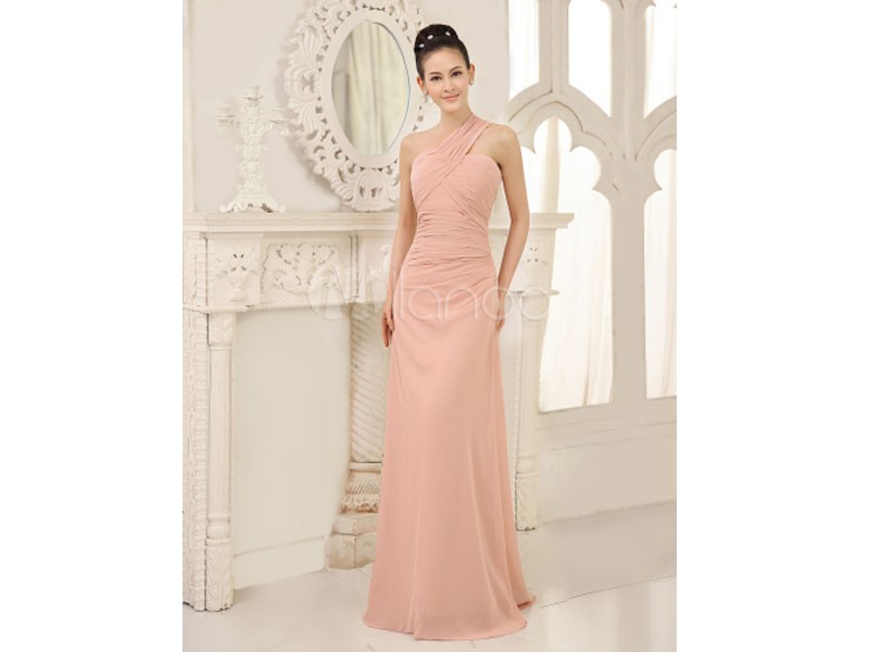 Women's One Shoulder Bridesmaid Dresses Blush Pink Long Dress