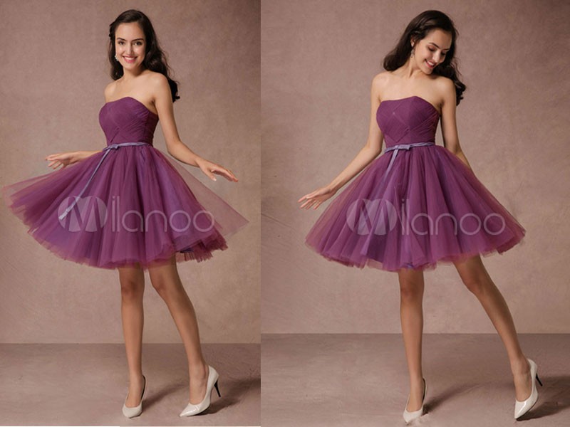 Short Bridesmaid Dress Plum Tulle Strapless Cocktail Dress For Women