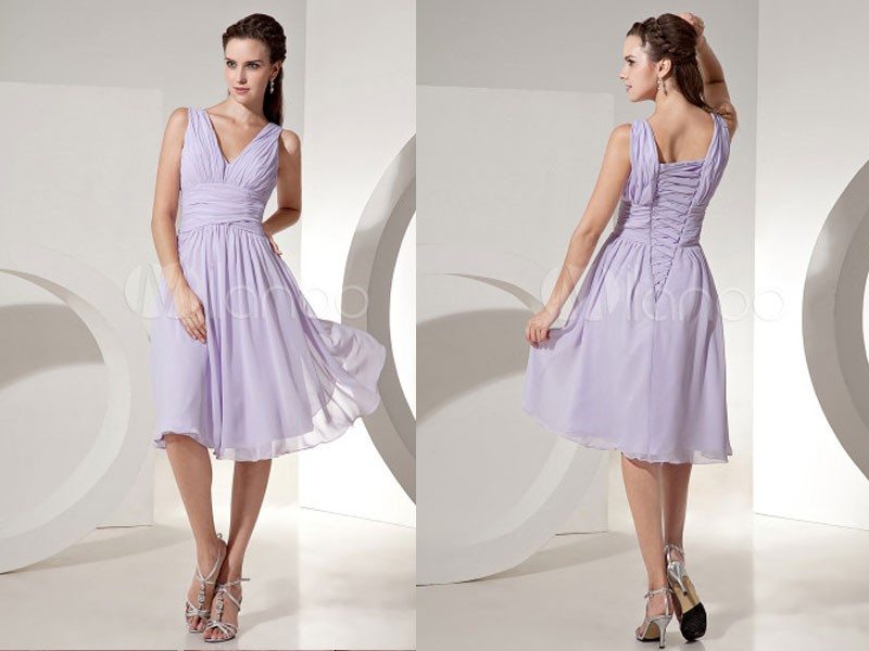 Lilac Bridesmaid Dress V Neck Ruched Chiffon A Line Dress For Women