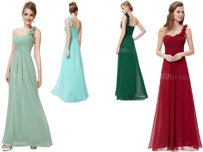 Women's Long Bridesmaid Dress Sweatheart Chiffon Prom With One Shoulder Flowers