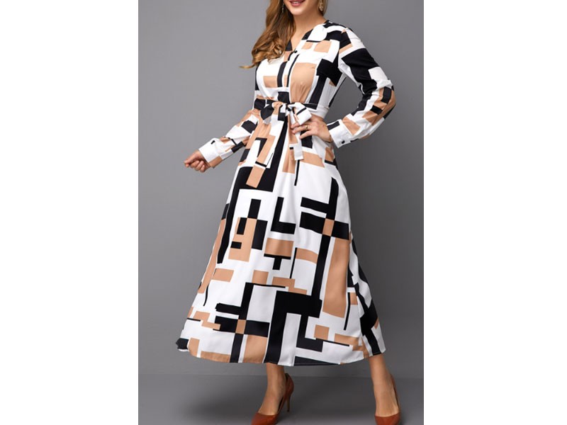 Geometric Print Belted Long Sleeve Maxi Dress For Women