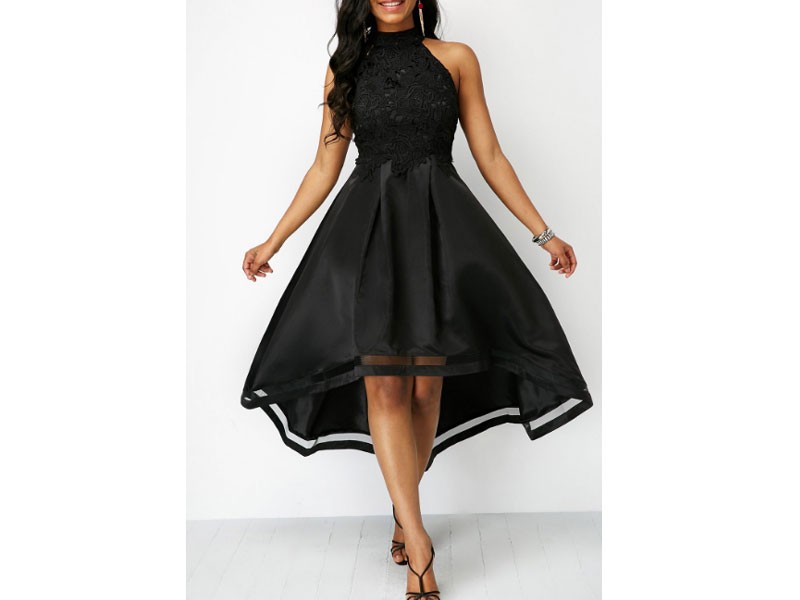 Women's Sleeveless Lace Panel Black High Low Dress