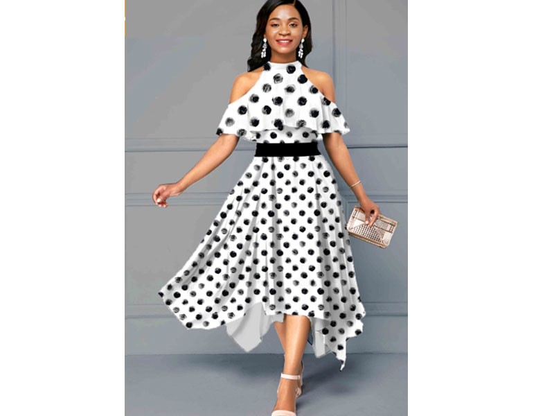 Polka Dot Print Cold Shoulder Asymmetric Hem Dress For Women