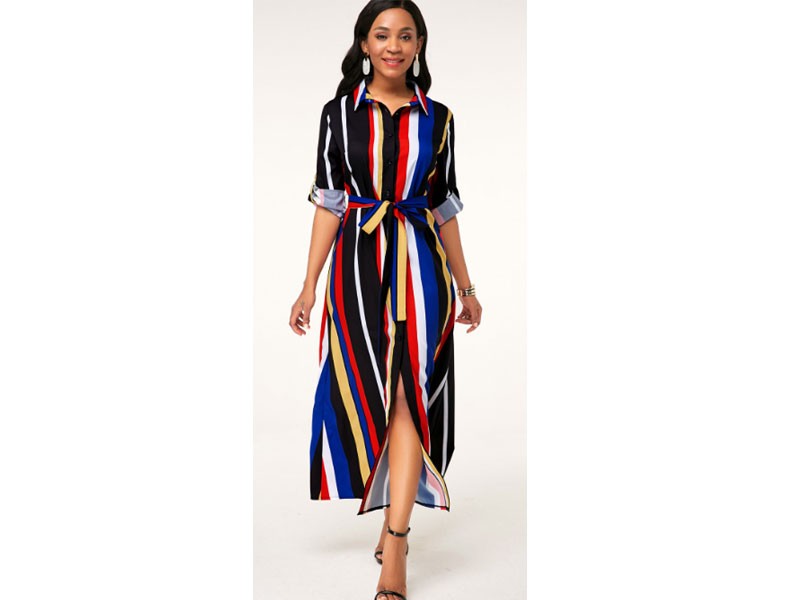 Women's Multicolor Striped Turndown Collar Button Up Dress